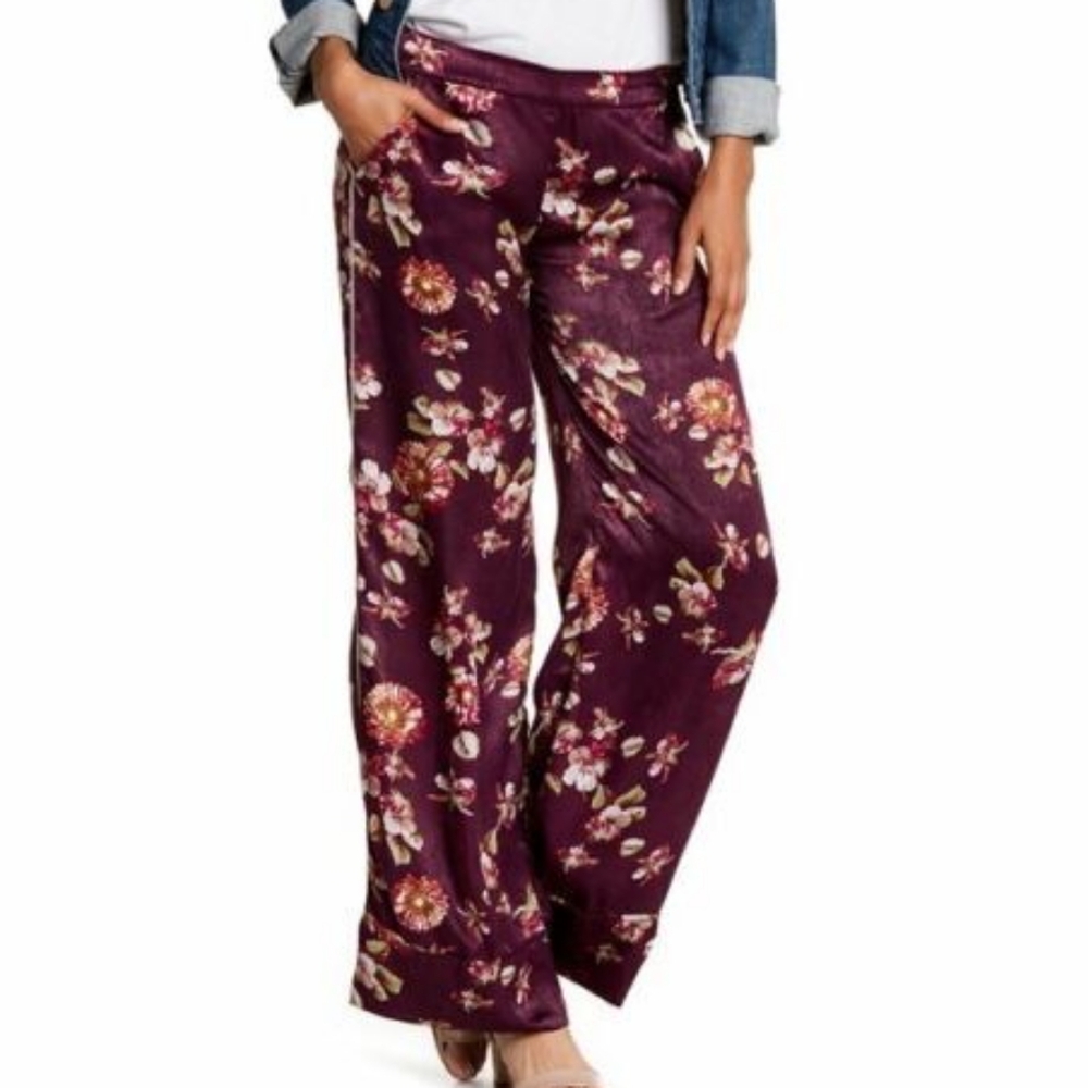 NWT Harlowe & Graham Wide Leg Pants Silky Floral Large Pull-On Flowy Elastic